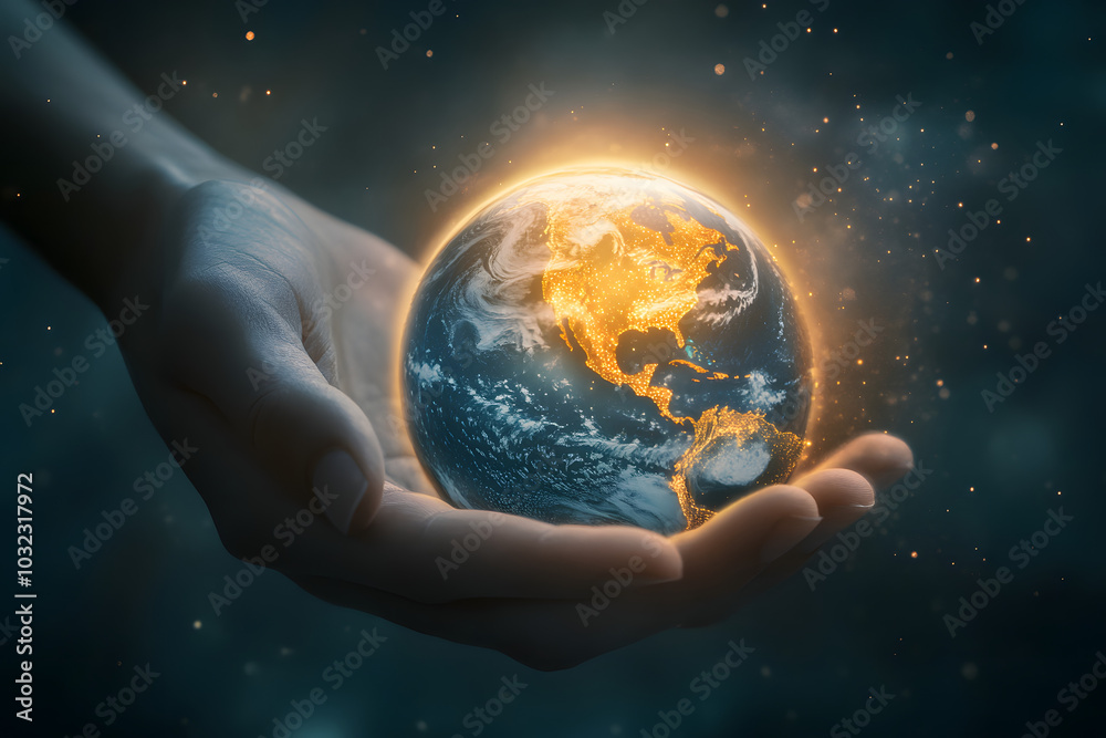 Glowing Earth held in a human hand, symbolizing global responsibility, care for the planet ,environmental protection, sustainability, and the future of our planet. Perfect for eco-awareness Glowing Earth held in a human hand, symbolizing global responsibility, care for the planet ,environmental protection, sustainability, and the future of our planet. Perfect for eco-awareness