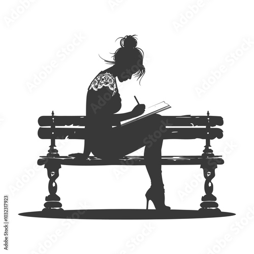 Silhouette of a Woman Writing on a Bench