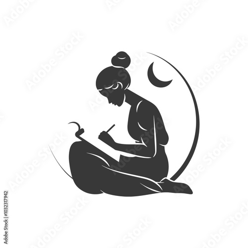 Silhouette of a Woman Writing with a Crescent Moon in the Background