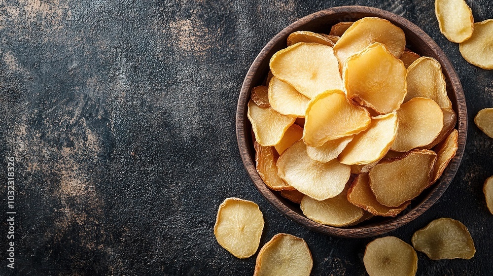 a small bowl filled with dried pears, arranged aesthetically a small bowl filled with dried pears, arranged aesthetically