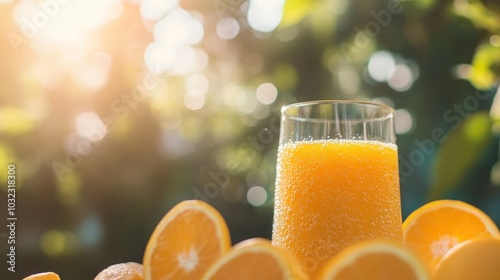 A glass of freshly squeezed orange juice on a table surrounded by sliced oranges, with a bright sunny background.