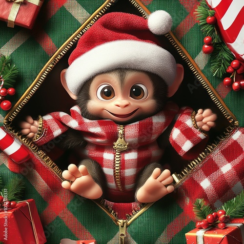 Adorable monkey in a Christmas sweater with festive decorations photo