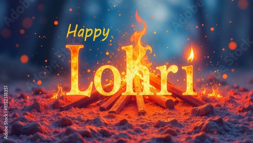 Happy Lohri greeting card. Traditional lori Indian holiday banner with bonfire and text.  Festive cartoon celebration background for Punjabi festival. photo