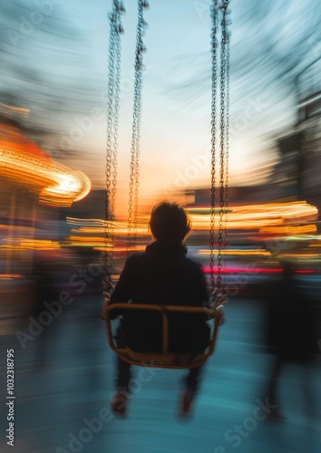 Child enjoying a twilight swing ride at a carnival with vibrant lights in the...