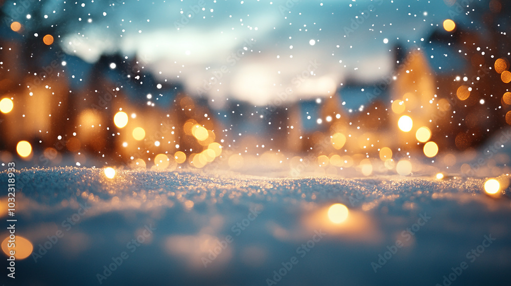 Beautiful blurred street of festive night or evening city with snowfall and Christmas lights. Abstract background Christmas lights in winter landscape with snow, lights bokeh background.