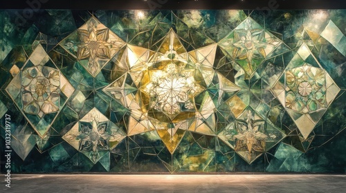 Large mural of geometric shapes in green white and gold intricately detailed and softly illuminated