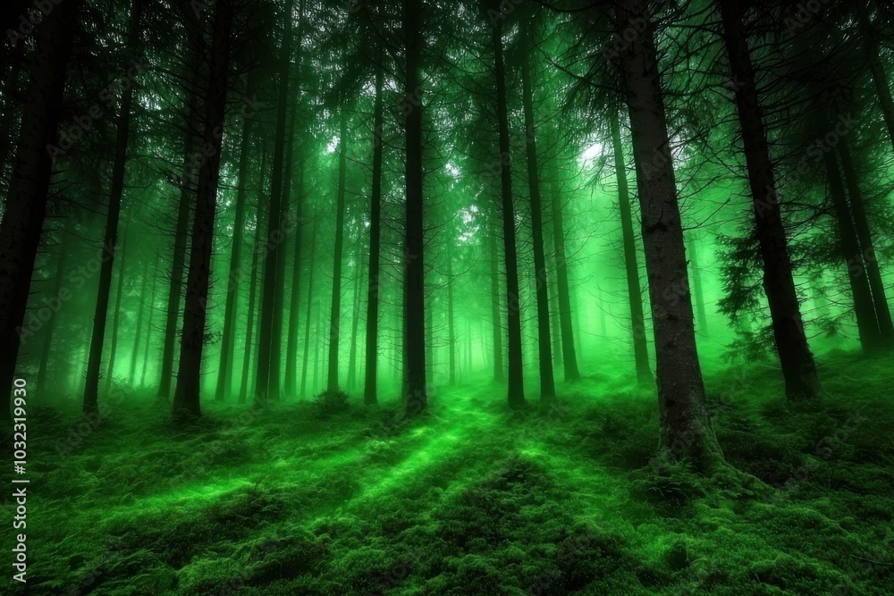 Naklejka premium A mystical forest scene with dense trees and vibrant green moss, creating an enchanting and serene atmosphere.