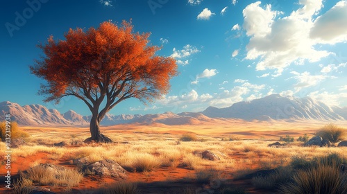 Majestic Autumn Tree Standing Tall in a Desert Landscape with Mountain Range and Blue Sky, Digital Art Illustration.