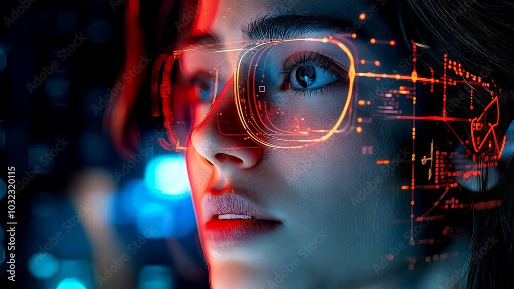 Close up portrait of young woman wearing futuristic glasses, showcasing digital technology and innovation, with cyber graphics reflecting on her face, evoking curiosity and exploration in data driven Close up portrait of young woman wearing futuristic glasses, showcasing digital technology and innovation, with cyber graphics reflecting on her face, evoking curiosity and exploration in data driven