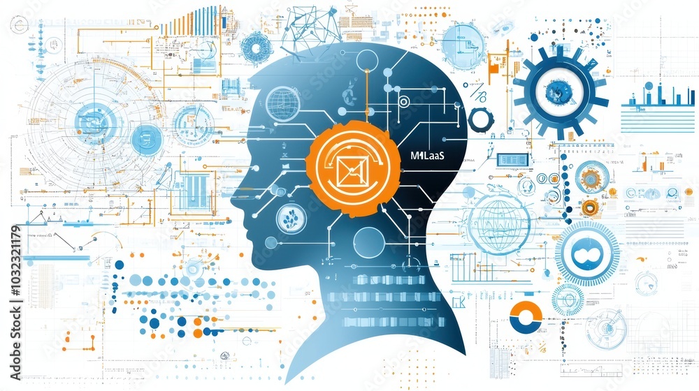 Abstract AI concept with a human head silhouette and technological elements 