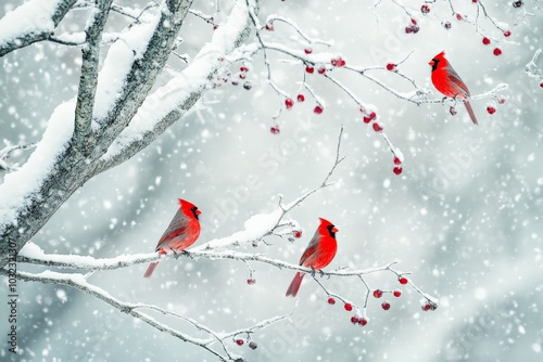 Pair of red cardinals perched on snowy branches in winter

