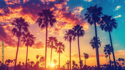 Indian palm trees silhouetted against a dramatic sunset sky, with detailed clouds and light.