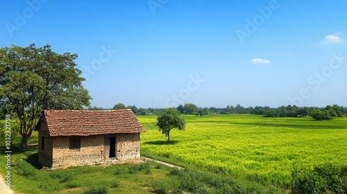 Indian rural landscape with a vibrant green field and a small hut under a clear blue sky.