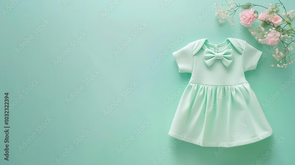 Flat lay of toddler dress with bow details, soft pastel mint green background, clean and modern layout Flat lay of toddler dress with bow details, soft pastel mint green background, clean and modern layout