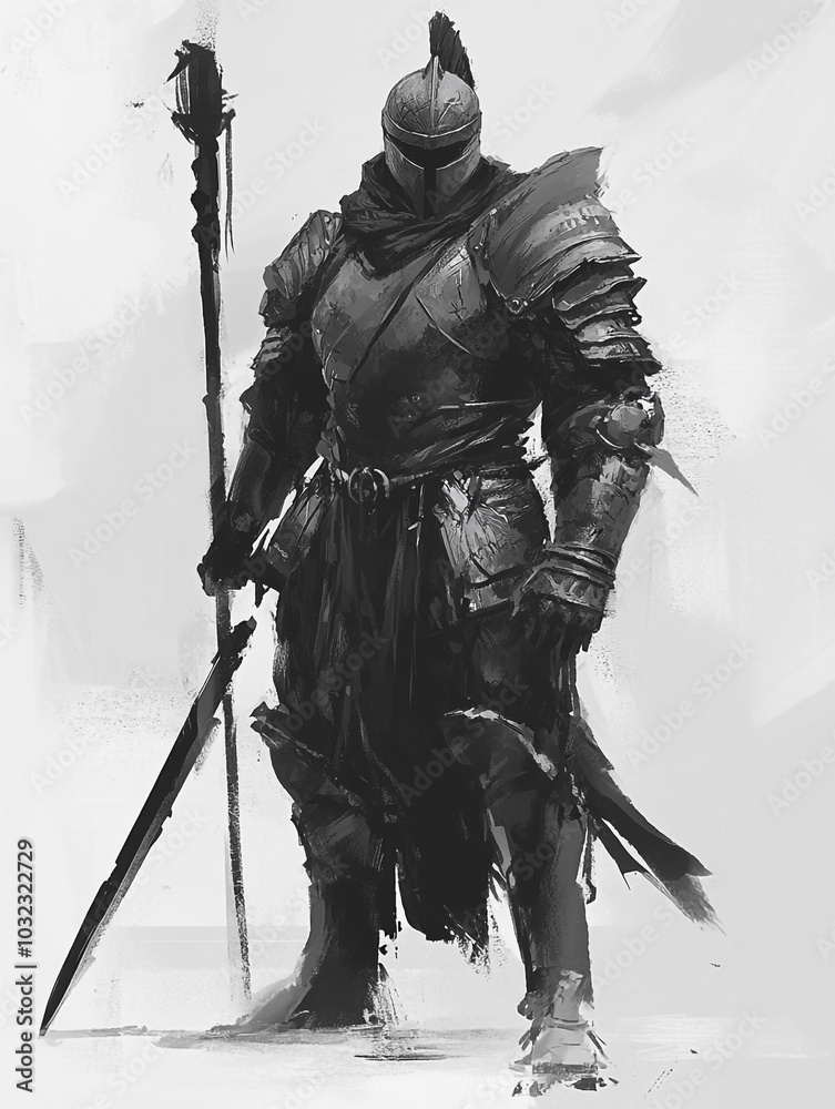 Man in heavy black plate armor holding a weapon in hand. Man in heavy black plate armor holding a weapon in hand.