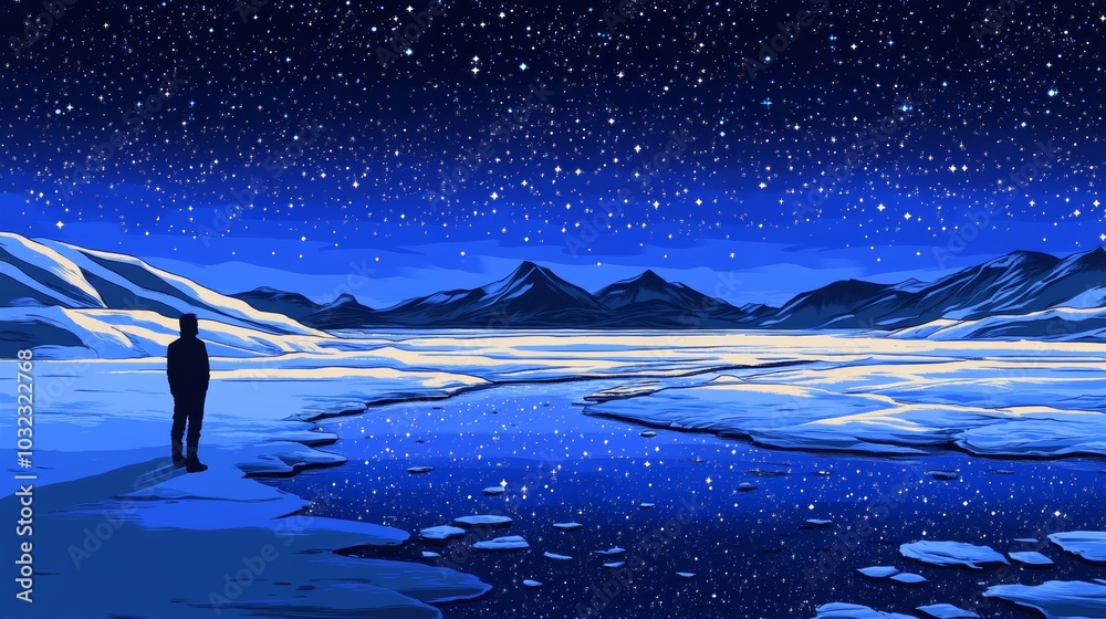 An image of a man standing on a sand beach beneath a starry sky An image of a man standing on a sand beach beneath a starry sky