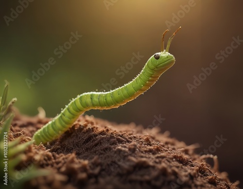  green caterpy insect on a dirt mound. photo