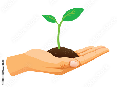 Hand is gently holding rich soil with a young plant sprouting