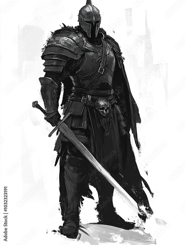 Fototapeta premium Man in heavy black plate armor holding a weapon in hand.