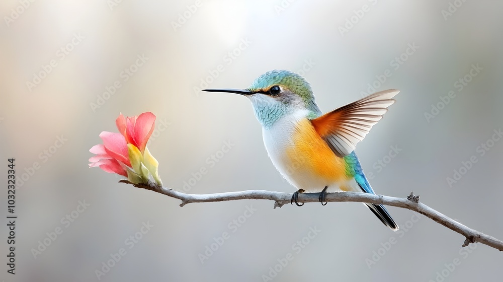 Fototapeta premium Stunning watercolor of a colorful hummingbird with vibrant tropical feathers and intricate expressive brushstrokes isolated on a clean white background for elegant summer themed designs and artwork