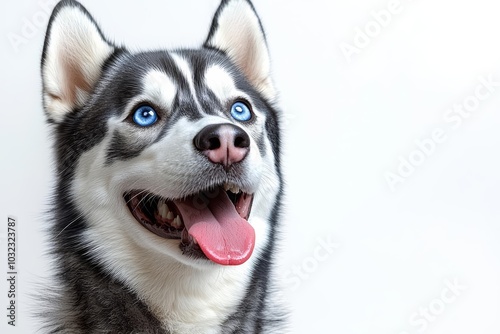 Portrait of a blue eyed beautiful smiling Siberian Husky dog with tongue sticking out isolated on white background with copy space