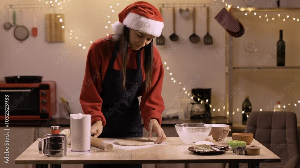Happy woman in festive outfit making Christmas cookies in kitchen at home during winter holidays, lady rolling dough Happy woman in festive outfit making Christmas cookies in kitchen at home during winter holidays, lady rolling dough