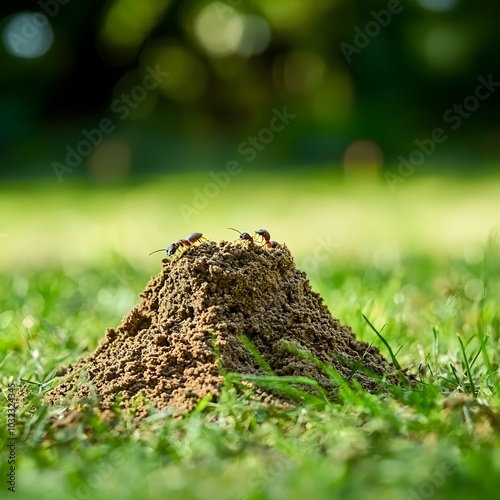 Termite Mound Emerging from Lush Lawn Symbolizing Pest Destruction of Property photo