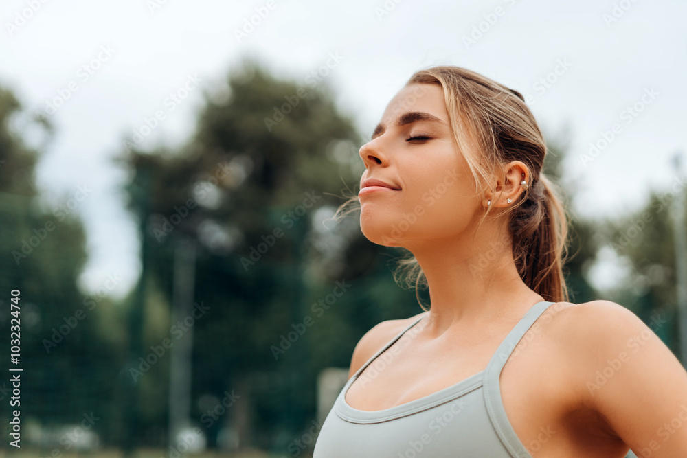 Smiling, young woman breathe with closed eyes on the street, outdoors after training, copy space Smiling, young woman breathe with closed eyes on the street, outdoors after training, copy space