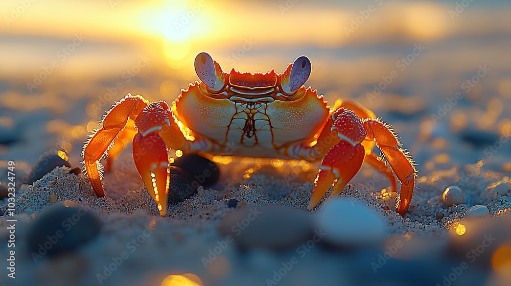 Vibrant Red and Orange Crab on the Beach at Sunset Vibrant Red and Orange Crab on the Beach at Sunset