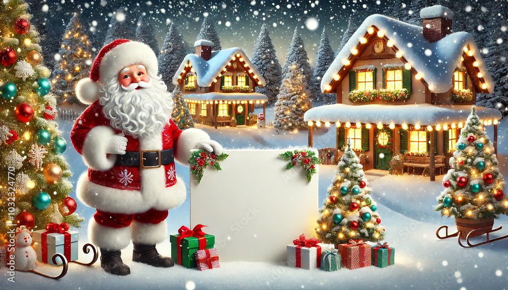 Obraz premium Santa Claus Holding a Blank Sign in a Festive Snowy Village with Christmas Trees and Glowing Holiday Lights. AI-generated