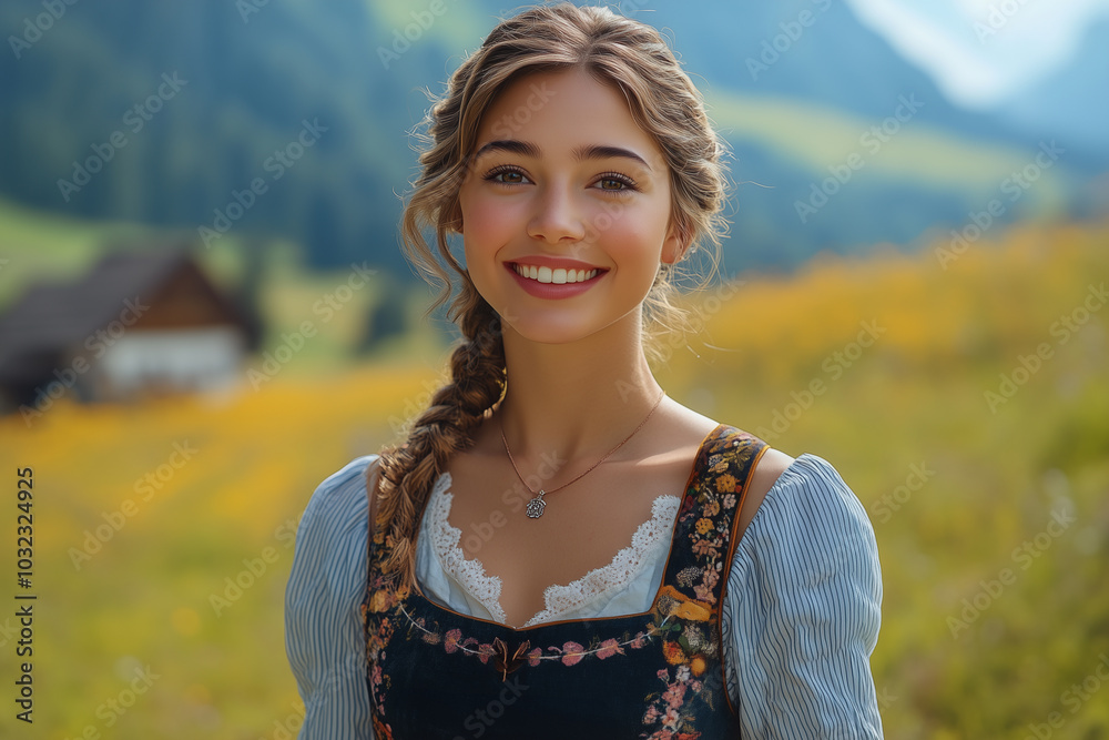 A woman in a setting with mountains in the background, wearing a traditional Dirndl, making it a perfect promotional image for Oktoberfest or country life. A woman in a setting with mountains in the background, wearing a traditional Dirndl, making it a perfect promotional image for Oktoberfest or country life.