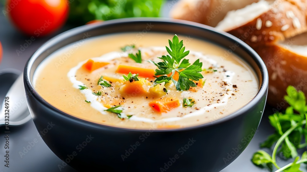 Closeup of a hot fragrant bowl of homemade vegetable soup served with freshly baked artisanal bread on a rustic wooden table creating a comforting and wholesome dining scene Closeup of a hot fragrant bowl of homemade vegetable soup served with freshly baked artisanal bread on a rustic wooden table creating a comforting and wholesome dining scene
