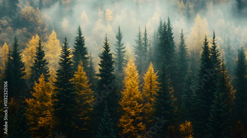 A Breathtaking Smartphone Background Featuring Enchanting Pine Trees Emerged from Ethereal Mist