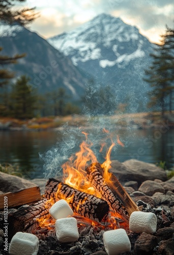 Campfire by the lake at sunset with marshmallows roasting in a picturesque mo...