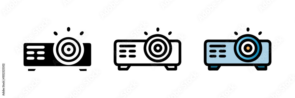 Presentation, movie, film, media projector vector icon with simple modern line design. Perfect for illustrating media, entertainment, and business projects. Clean, minimalistic pictogram style. Presentation, movie, film, media projector vector icon with simple modern line design. Perfect for illustrating media, entertainment, and business projects. Clean, minimalistic pictogram style.
