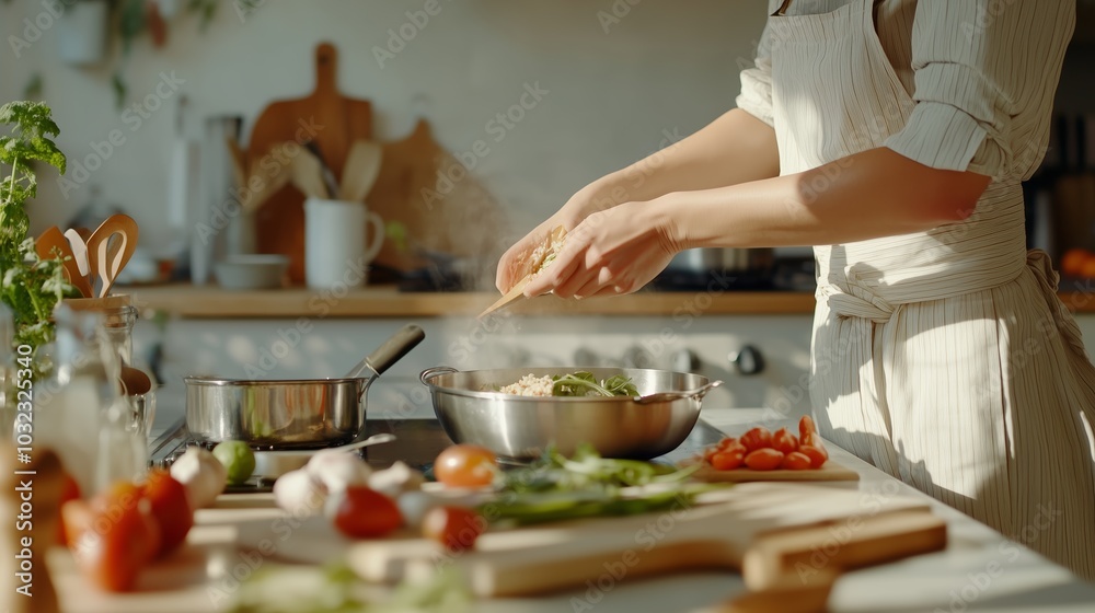A person prepares a fresh pasta dish with vegetables in a cozy kitchen filled with natural light and herbs A person prepares a fresh pasta dish with vegetables in a cozy kitchen filled with natural light and herbs