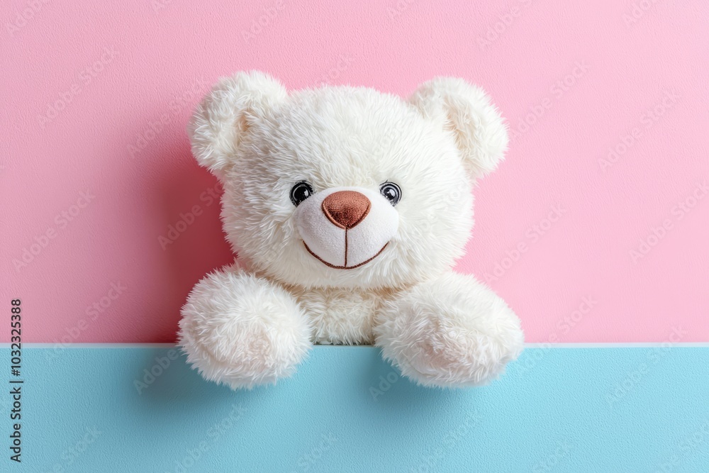 Smiling white teddy bear looking behind pastel blue wall Smiling white teddy bear looking behind pastel blue wall
