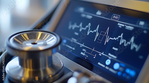 A close-up of a digital stethoscope, showing the metallic diaphragm and smooth edges, connected to a digital screen displaying heart rate data.