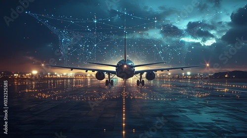 A striking airplane is situated on a runway under a cosmic digital light canopy, presenting a stunning blend of artistry and futuristic aviation technology. photo