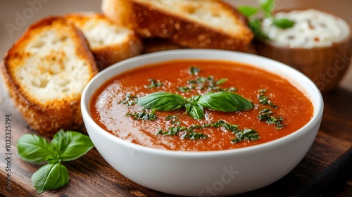 A rich and creamy tomato and basil soup served with a warm fragrant garlic bread side creating a comforting and satisfying Italian inspired meal