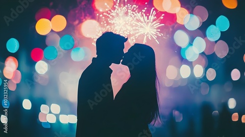 Passionate New Year s Eve Embrace Under Bursting Fireworks photo