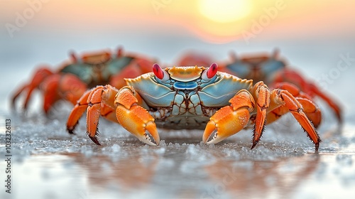 Colorful Crabs on Sandy Beach During Sunset