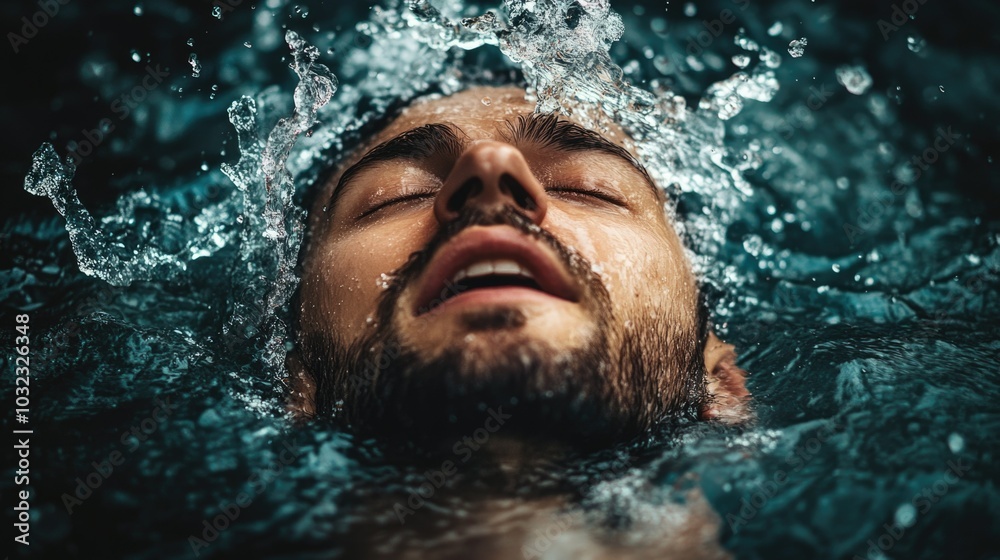 Man immersed in refreshing splash of water, eyes closed in tranquility, embracing aquatic serenity and balance, water wellness concept Man immersed in refreshing splash of water, eyes closed in tranquility, embracing aquatic serenity and balance, water wellness concept