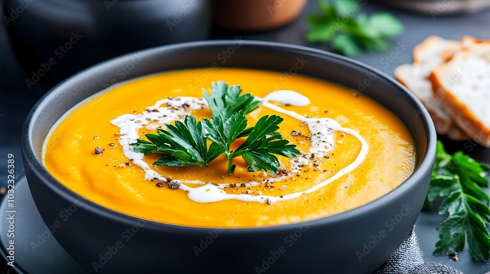 Deliciously creamy and nourishing butternut squash soup served in a rustic bowl and garnished with fresh green parsley for a tasty and wholesome meal Deliciously creamy and nourishing butternut squash soup served in a rustic bowl and garnished with fresh green parsley for a tasty and wholesome meal