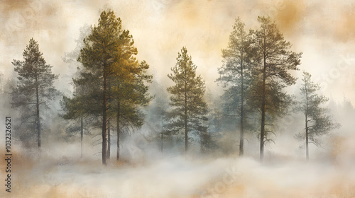 A Serene Smartphone Background Displaying the Beauty of a Tranquil Pine Forest Wrapped in Gentle Mist