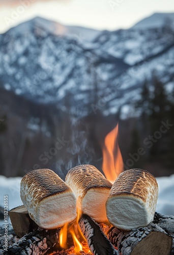 Campfire by the lake at sunset with marshmallows roasting in a picturesque mo...