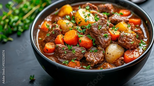 A hearty beef and vegetable stew simmering in a slow cooker filled with tender meat fresh vegetables and fragrant herbs creating a comforting and satisfying homemade meal