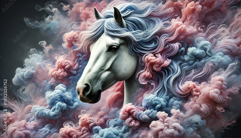 Φωτογραφία A surreal portrait of a horse with a flowing mane made of swirling, colorful smo