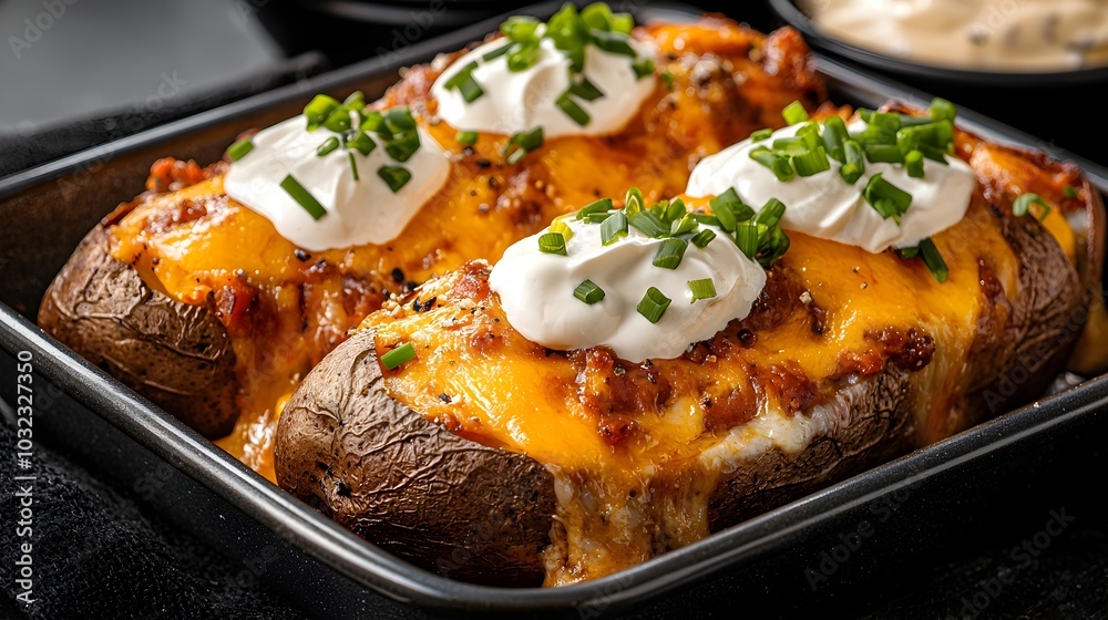 Mouth watering image of a tray of cheesy baked potatoes topped with a generous dollop of sour cream and fresh chives offering a comforting and indulgent snack or side dish Mouth watering image of a tray of cheesy baked potatoes topped with a generous dollop of sour cream and fresh chives offering a comforting and indulgent snack or side dish