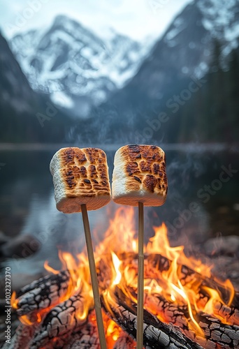 Campfire by the lake at sunset with marshmallows roasting in a picturesque mo...